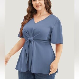 BloomChic Peplum Tops V Neck Keyhole Tie Front Ruffle Short Sleeve Tunic Blouse